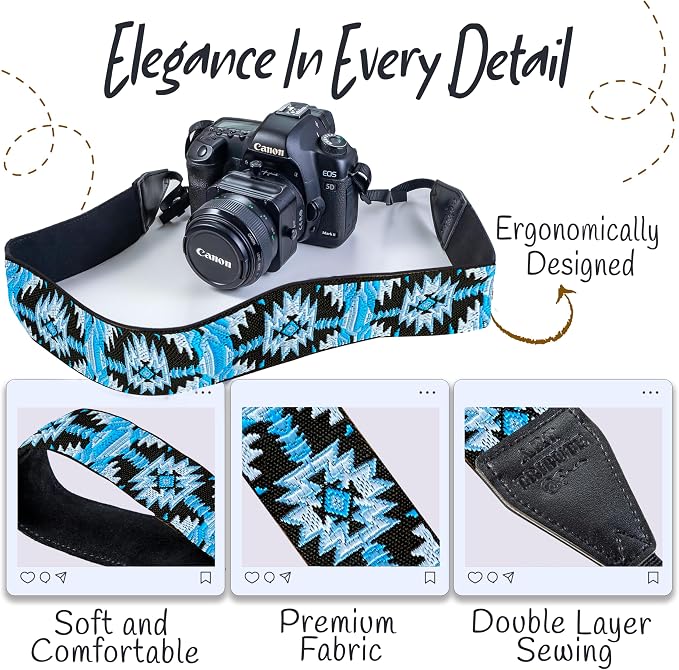 Art Tribute Camera Strap - Shoulder, Crossbody & Neck Camera Strap for Photographers, Fits All Cameras, Canon Nikon Sony Fujifilm, Padded Strap W/Quick Release, Embroidered Cotton & Leather Ends - Image 3