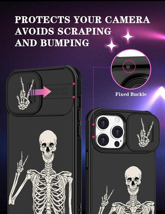 (2in1 for iPhone 15 Pro Case Skull Skeleton for Women Cute Phone Cover Boys Gothic Spooky Funny Cool Black Fashion Teen Design with Slide Camera Cover Protective for iPhone 15 Pro Cases 6.1'' - Image 3