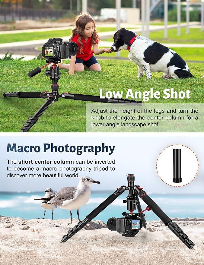 83" Camera Tripod, Aluminum Tripod Monopod for DSLR Phone | Heavy Duty Travel Tripod for Spotting Scope Binoculars Telescope Camcorder, 360° Ball Head, Max Load 35Lb - Image 7