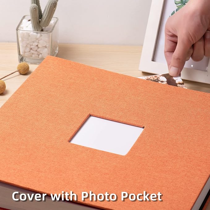 HoneyTolly Large Photo Album Self Adhesive, DIY Scrapbook Album for 600 Photos, 13"x12.6" 120 Pages Linen Cover Memory Book(Orange) - Image 2