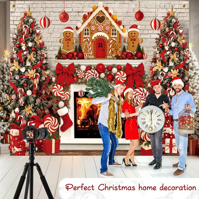 Peryiter Christmas Backdrop for Photography Xmas Tree Stocking Candy Gift Polyester Background Decoration Party Backdrop for Home Decoration Photo Studio Props(10x8 ft,Gingerbread House) - Image 4