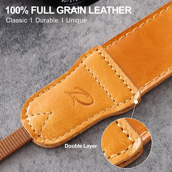 Padwa Lifestyle Caramel Yellow Leather Camera Strap - 1.5" Soft Full Grain Cowhide Camera Straps for Photographers, Soft Suede Fabric Padded Leather Strap with Quick Release fits All Cameras - Image 3