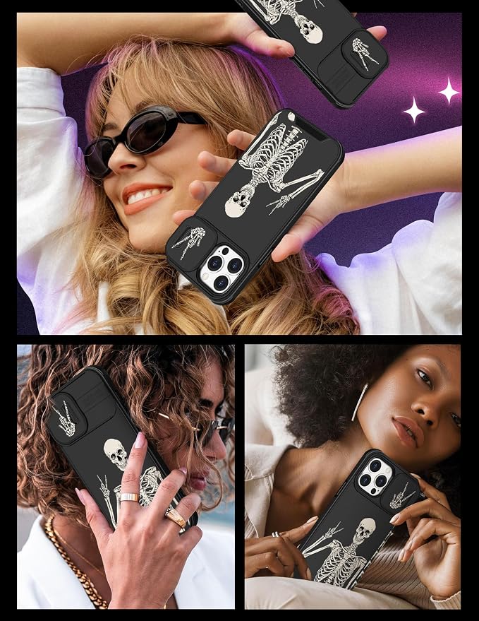(2in1 for iPhone 15 Pro Case Skull Skeleton for Women Cute Phone Cover Boys Gothic Spooky Funny Cool Black Fashion Teen Design with Slide Camera Cover Protective for iPhone 15 Pro Cases 6.1'' - Image 6