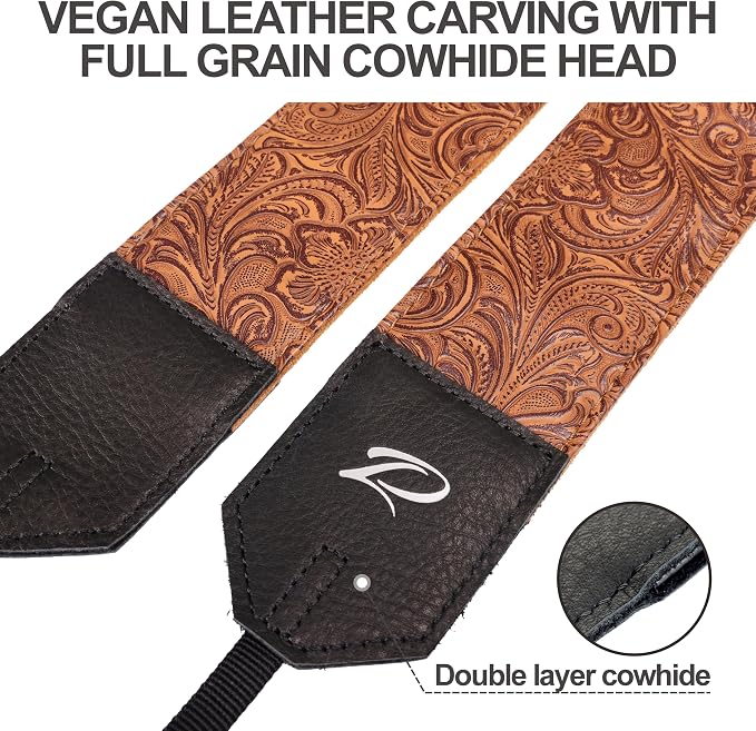 Padwa Lifestyle Camera Strap - 2" Brown Faux Leather Carving Camera Straps with Full Grain Leather Ends for Photographers, Vintage Soft Suede Fabric Padded Strap Quick Release fits All Cameras - Image 3