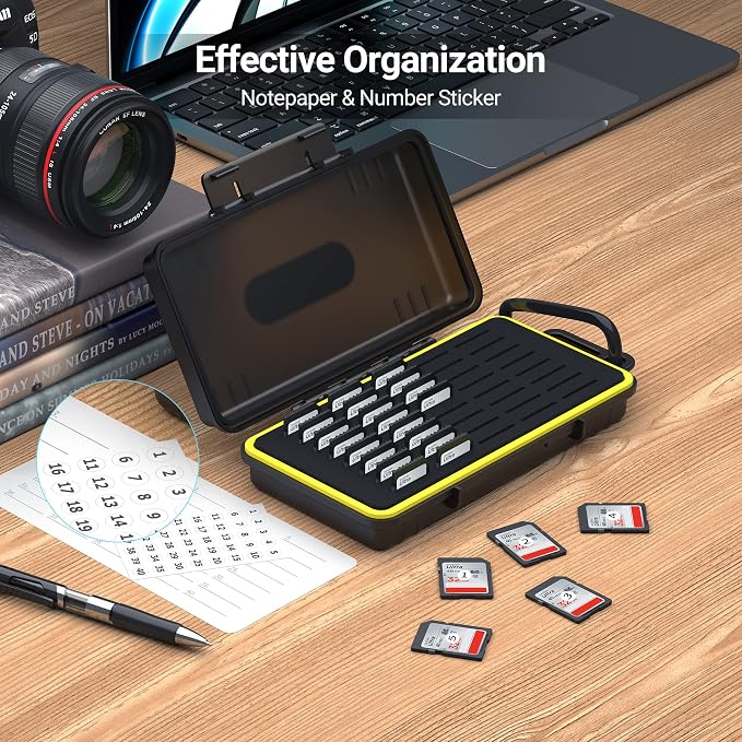 Kiorafoto 40 Slot SD Card Holder for Camera Memory Cards PSV Switch Cards | Large Capacity,Water-Resistant Memory Card Case,for 40 SD SDHC SDXC Cfexpress TypeA PS Vita Switch Cards,w Labels & Carabiner - Image 4