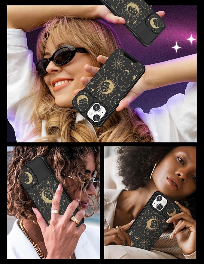 (2in1 for iPhone 13 Mini Case Sun and Moon Stars Women Cute Space Phone Cover with Slide Camera Cover Protective Fashion Golden Print Design Cases for iPhone 13Mini 5.4'' - Image 6