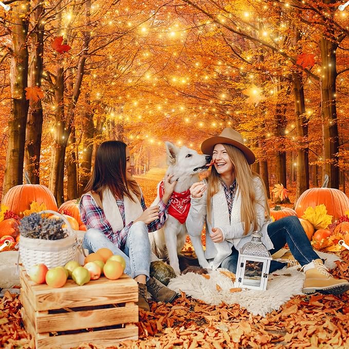 7x5ft Fall Thanksgiving Photography Backdrop | Cotton Fabric, Maple Forest Pumpkin Print, Fall Party Decor, Fall Harvest Friendsgiving Party Photo Booth Background - Image 3
