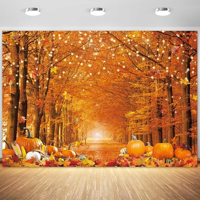 7x5FT Polyester Fall Autumn Photo Backdrop for Photography Autumn Forest Scenery Maple Leaves Pumpkins Background Fall Thanksgiving Day Friendsgiving Party Decorations Fabric by Fluzimir