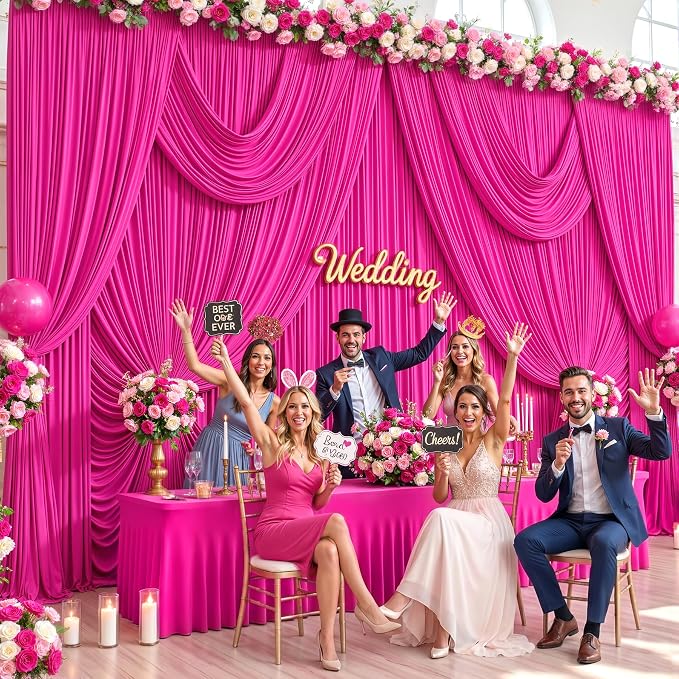 6 Panels Hot Pink Backdrop Curtains for Wedding Party Wrinkle Free Backdrops Curtain Drapes Fabric Decorations Fuchsia Photo Back Drop for Baby Shower Photography Stage Reception 30ft(W) x 12ft(H) - Image 2