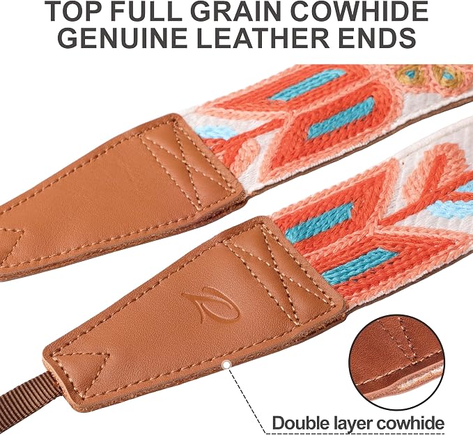 Padwa Lifestyle Colorful Crochet Camera Strap - 2" Full Grain Leather Ends Camera Straps for Photographers, Vintage Woven Cotton Soft Suede Fabric Padded Strap with Quick Release fits All Cameras - Image 2
