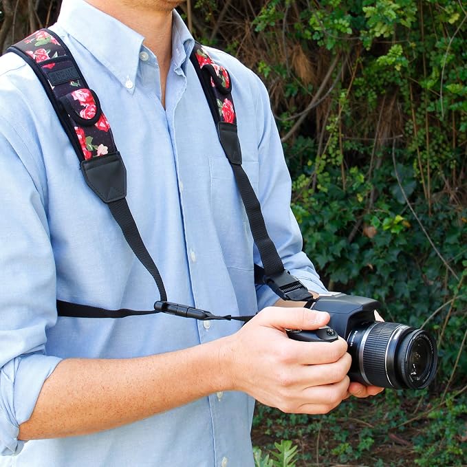 USA Gear DSLR Camera Strap Chest Harness with Quick Release Buckles, Floral Neoprene Pattern and Accessory Pockets - Compatible with Canon, Nikon, Sony and More Point and Shoot and Mirrorless Cameras - Image 5