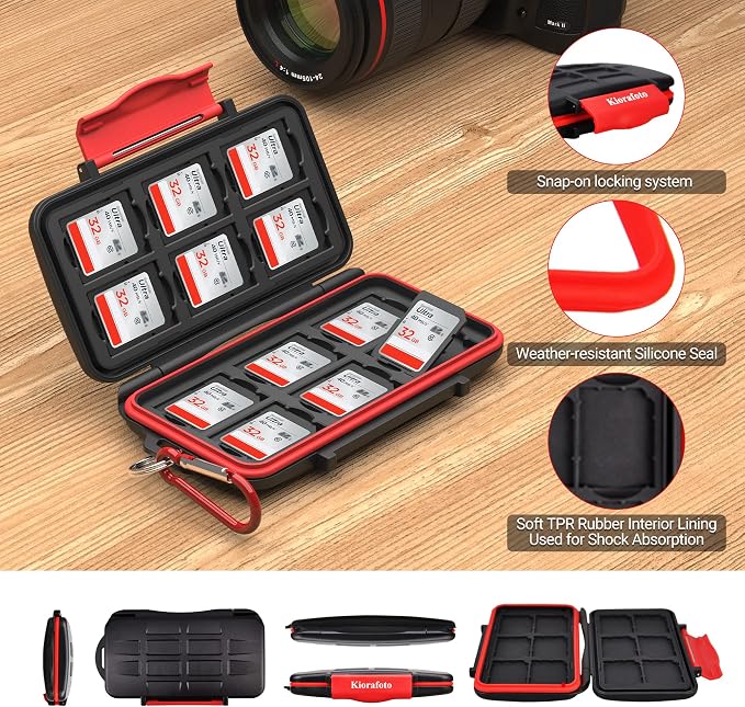 Kiorafoto IPX5 Water-Resistant SD Card Case Holder with 12 Slots | Anti-Shock,Durable,SD SDHC SDXC Memory Card Storage Protector Wallet,Hard Shell with Rubber Interior,Includes Carabiner - Image 5