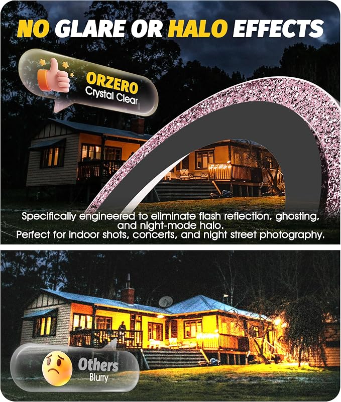 (3 Pack) Orzero Camera Lens Protector for iPhone 17e / iPhone 16e, [EZ Install] [Case-Friendly] 9H Tempered Glass Bling Lens Cover Accessories, Military-Grade Shockproof, HD Clarity Anti-Glare - Glitter Pink - Image 5