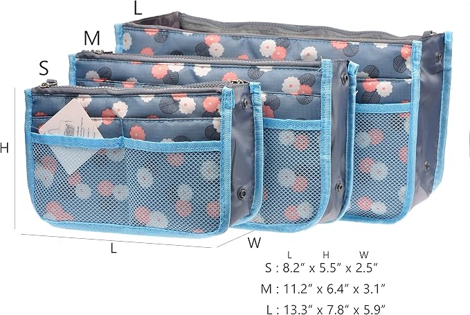 Vercord Purse Organizer Insert for Handbags Bag Organizers Inside Tote Pocketbook Women Nurse Nylon 13 Pockets Blue Flower Small - Image 3