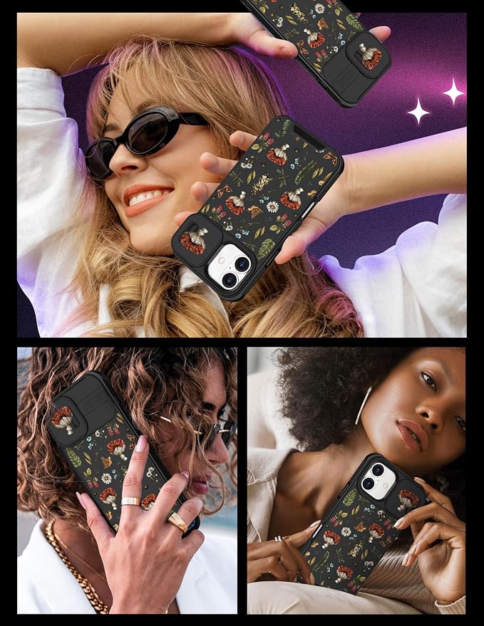 for iPhone 16 Plus Case - Women Cute Phone Cover Girly Pretty Fancy Unique Aesthetic Design Slide Camera Cover Protective Case for Apple for iPhone 16 Plus,Mushroom Floral - Image 6