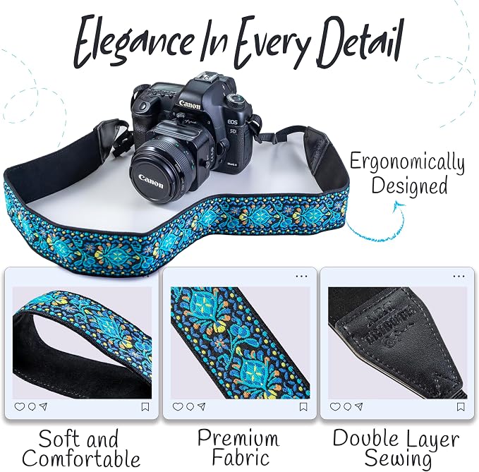 Camera Strap - Shoulder, Crossbody & Neck Camera Strap for Photographers, Fits All Cameras, Canon Nikon Sony Fujifilm, Padded Strap W/ Quick Release, Embroidered Cotton & Leather Ends, Blue - Image 3