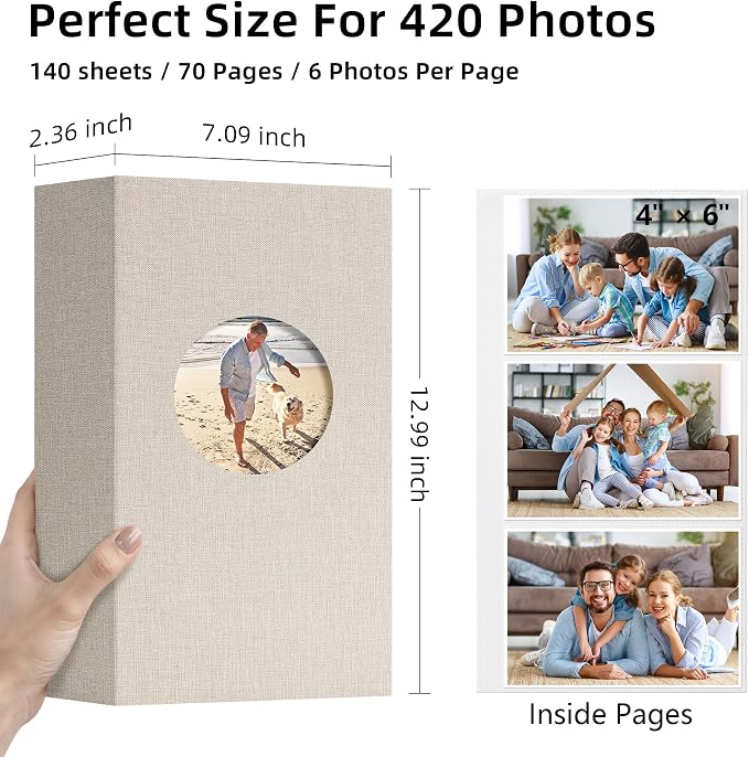 Vienrose Photo Album 4x6 Photos 420 Pockets Linen Cover Slip-in Photo Book with Round Window for Wedding, Vacation Memories, Personalized Picture Organizer, Beige - Image 2