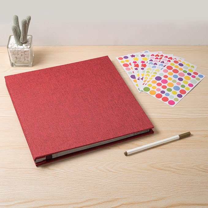 Photo Album Self Adhesive Scrapbook 3x5 4x6 5x7 6x8 Magnetic Album DIY Scrap Book 11x10.6 Inch 40 Black Sticky Pages Linen Cover DIY Photo Album(Red) - Image 6