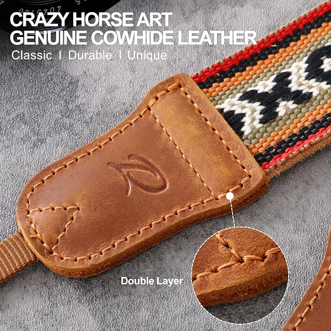 Padwa Lifestyle Camera Strap - 1.5" Crazy Horse Cowhide Ends Embroidered Camera Straps for Photographers, Cute Cotton Weave Soft Suede Fabric Padded Strap fits All Cameras for Adults & Kids - Image 3