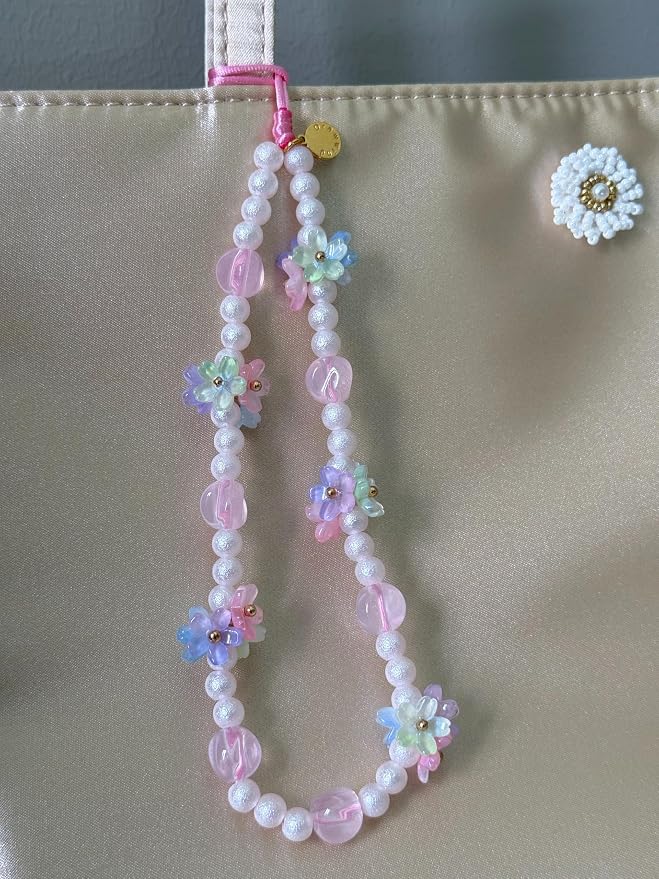 Drawwind Phone Charm Beaded Wristlet Strap Universal Cell Phone Lanyard Cute Bracelet Wrist Strap Beaded Chain String Handmade Accessories for Case Camera Bags (Flower Girl) - Image 2