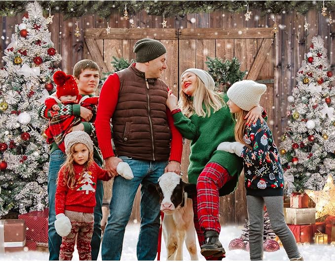 12x8FT Polyester Fabric Winter Christmas Rustic Barn Wood Door Photography Backdrop Xmas Tree Snow Background Banner for Family Holiday Party Decoration Supplies Photo Studio Props Pictures - Image 5