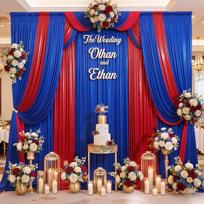 20ft x 10ft Red Royal Blue Sequin Backdrop Curtain for Parties, Wrinkle Free Glitter Photo Backdrop Drapes 4 Panels 5x10ft Back Drop Cloth for Wedding Photography Background - Image 3