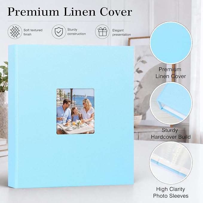 Aevdor 11x14 Photo Album and Art Portfolio, 64 Photos, Linen Cover, Blue | Front Display Window, Clear 11x14 Sleeves for Oversized Prints, Certificates, Artwork & Drawings - Image 4