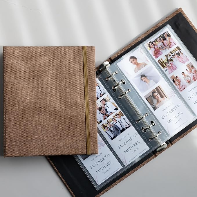 Photo Album For 2X6 Photo Booth Slip In Strips And 4X6 Pictures - 6 Ring Notebook Binder With 20 2 By 6 Sleeves - Fits 80 Photobooth Prints (UMBER BROWN - LINEN HARDCOVER, 2X6) by SMILEWAVE