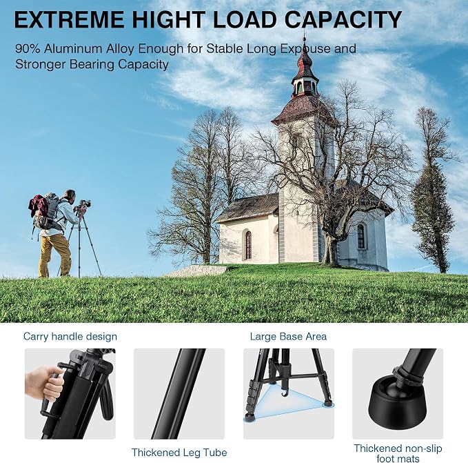 Tripod for Camera and Phone, 72" Tall Camera Tripod Monopod with Remote | Professional Heavy Duty Compact Camera Stand for iPhone, DSLR, Spotting Scope, Telescope, Binocular - Image 3