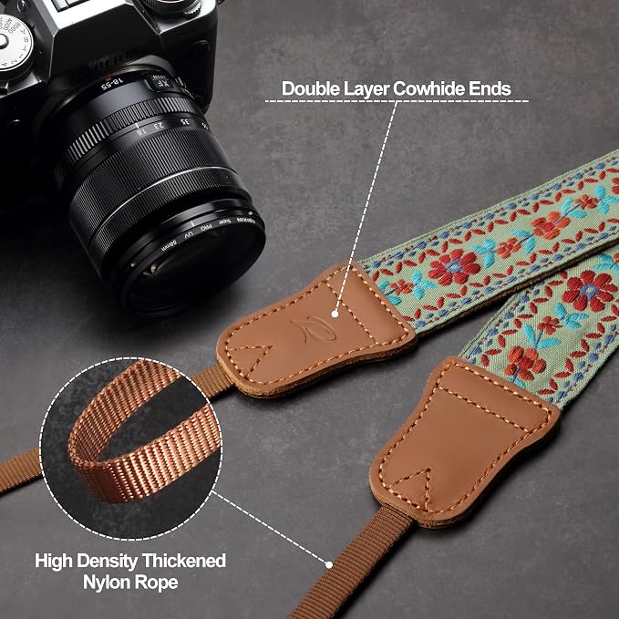 Padwa Lifestyle Embroidered Floral Camera Strap - 1.5" Crazy Horse Cowhide Ends Camera Straps for Photographers, Cute Cotton Weave Soft Suede Fabric Padded Strap fits All Cameras for Adults & Kids - Image 5