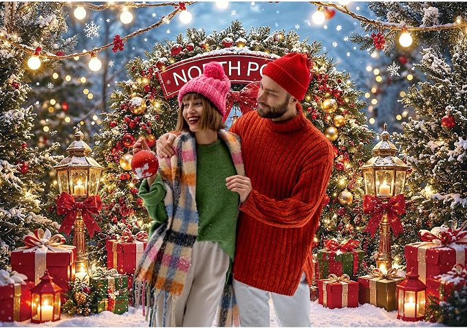 Christmas North Pole Photography Backdrop,Winter Aurora Borealis Snowy Forest Scene Background with Street Lamps,Xmas Party Decor Photo Booth Props(12x8ft) - Image 6
