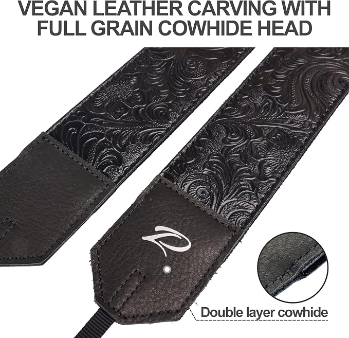 Padwa Lifestyle Camera Strap - 2" Black Faux Leather Carving Camera Straps with Full Grain Leather Ends for Photographers, Vintage Soft Suede Fabric Padded Strap Quick Release fits All Cameras - Image 3