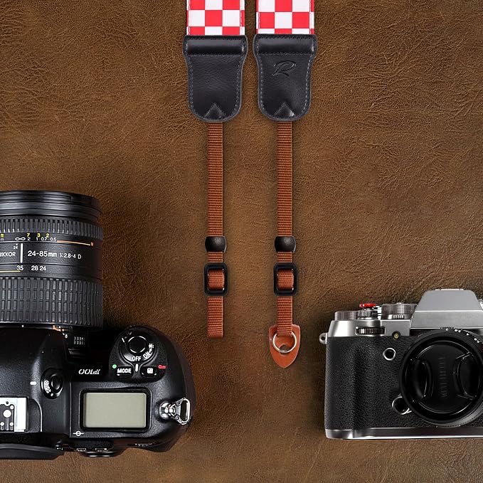 Padwa Lifestyle Red White Plaid Camera Strap - 2" Wide Double Layer Cowhide Head,Cotton Camera Straps for Photographers,Grid Pattern Adjustable Camera Shoulder Neck Strap for All DSLR Cameras - Image 6