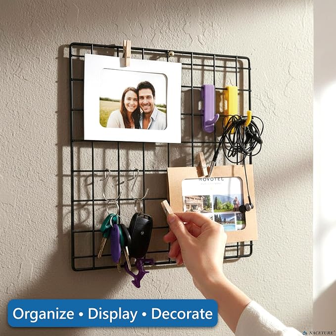 NACETURE Heavy Duty Grid Wall Panels, 12 x 12 Inch, Black, 2 Pack | Double-wire reinforced design supports up to 30 lbs and includes hooks and accessories for versatile wall displays. - Image 5