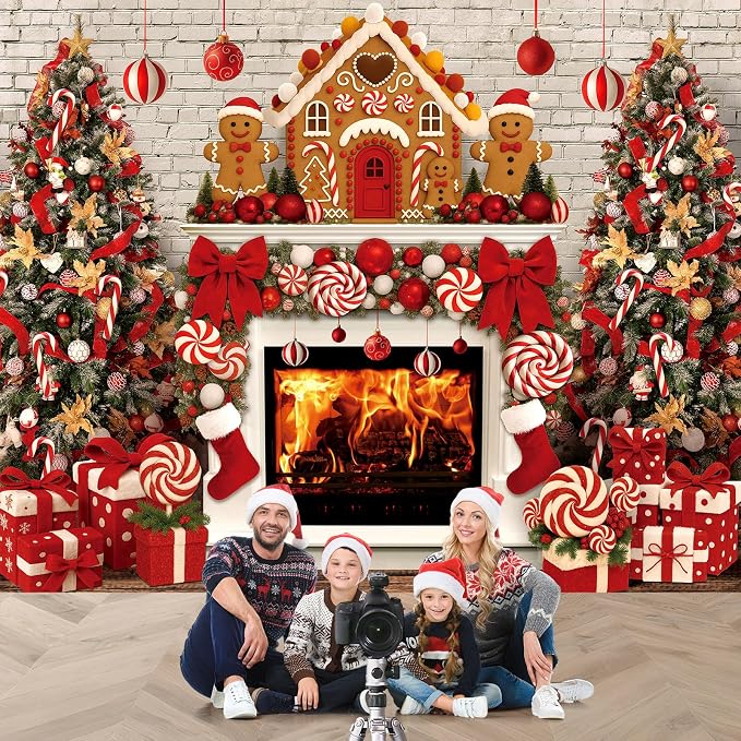 Peryiter Christmas Backdrop for Photography Xmas Tree Stocking Candy Gift Polyester Background Decoration Party Backdrop for Home Decoration Photo Studio Props(10x8 ft,Gingerbread House) by Peryiter