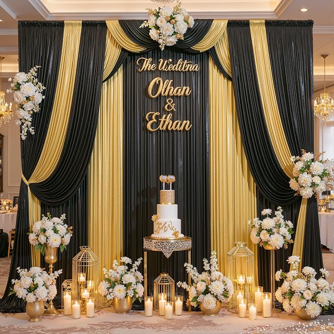 20ft x 10ft Gold Black Sequin Backdrop Curtain for Parties, Wrinkle Free Glitter Photo Backdrop Drapes 4 Panels 5x10ft Back Drop Cloth for Wedding Photography Background - Image 3