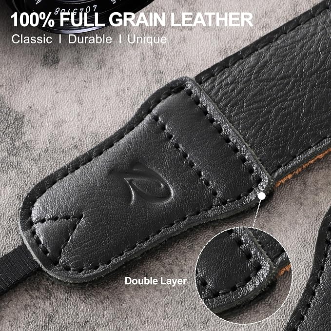Padwa Lifestyle Black Leather Camera Strap - 1.5" Soft Full Grain Cowhide Camera Straps for Photographers, Soft Suede Fabric Padded Leather Strap with Quick Release fits All Cameras - Image 3
