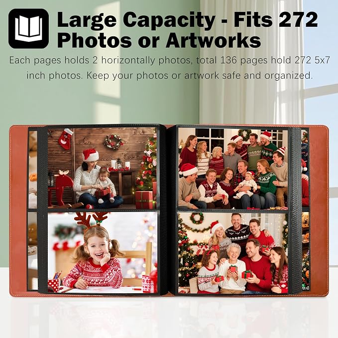 Photo Album 5x7 Holds 272 Pictures Leather Cover 5 x 7 Album Extra Large Capacity Picture Book Acid Free Inner Pages Book for Wedding Family Boys Girls Art Work Photos (Brown) - Image 3