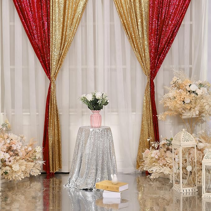 Poise3EHome Red Sequin Backdrop Curtain, 2 Panels 2Ft x 8Ft Glitter Photography Back Drop for Wedding Birthday Christmas Valentines Day Carnival Party Decorations - Image 3