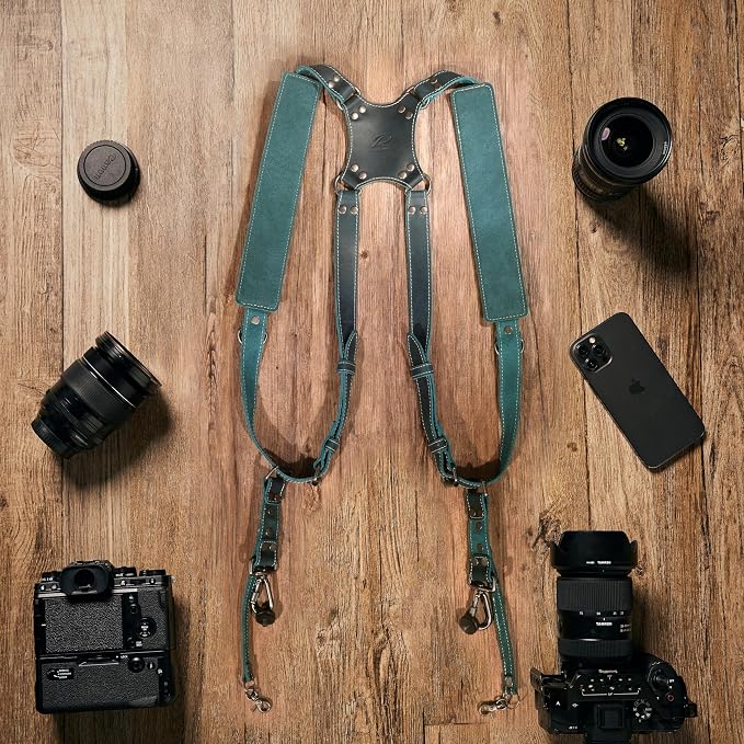 Padwa Lifestyle Dark Green Dual Camera Harness Strap for Two Cameras - Double Shoulder Full Grain Leather Harness,Multi Double Camera Gear with Thick Padded,Double Camera Harness for Photographers - Image 7