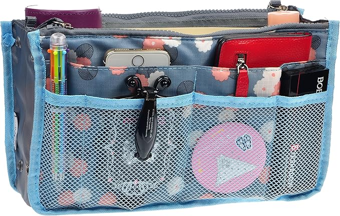 Vercord Purse Organizer Insert for Handbags Bag Organizers Inside Tote Pocketbook Women Nurse Nylon 13 Pockets Blue Flower Small - Image 2