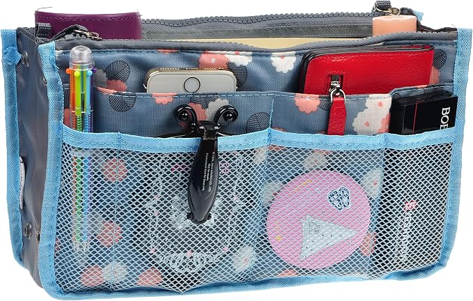 Vercord Purse Organizer Insert for Handbags Bag Organizers Inside Tote Pocketbook Women Nurse Nylon 13 Pockets Blue Flower Large by Vercord