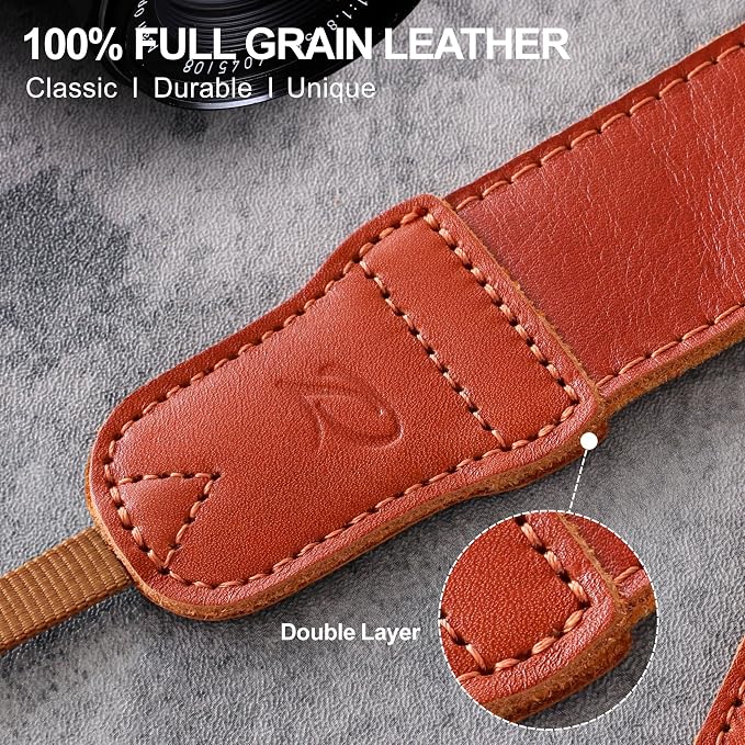 Padwa Lifestyle Orange Brown Leather Camera Strap - 1.5" Soft Full Grain Cowhide Camera Straps for Photographers, Soft Suede Fabric Padded Leather Strap with Quick Release fits All Cameras - Image 3