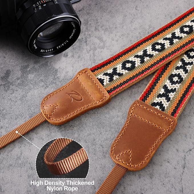 Padwa Lifestyle Camera Strap - 1.5" Crazy Horse Cowhide Ends Embroidered Camera Straps for Photographers, Cute Cotton Weave Soft Suede Fabric Padded Strap fits All Cameras for Adults & Kids - Image 5