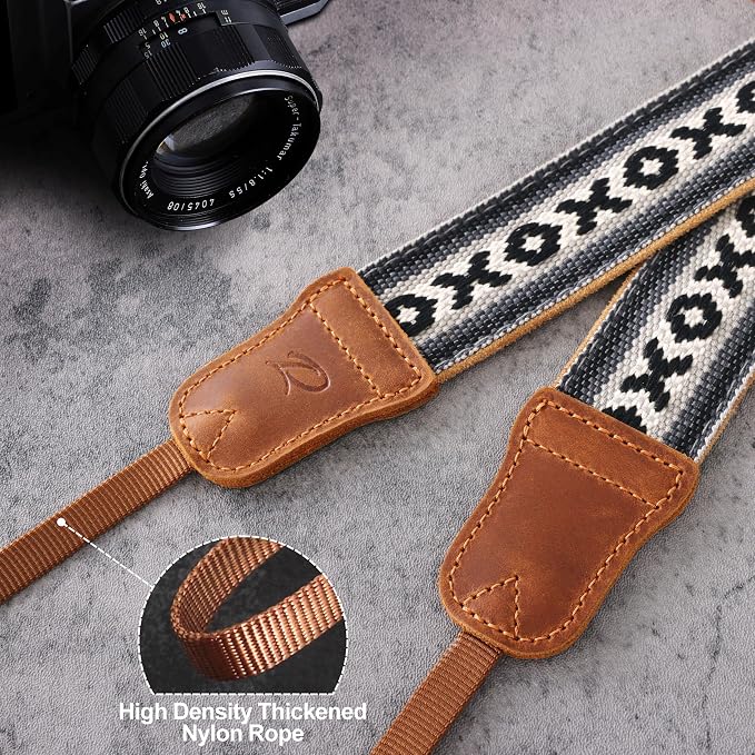 Padwa Lifestyle Camera Strap - 1.5" Crazy Horse Cowhide Ends Embroidered Camera Straps for Photographers, Cute Cotton Weave Soft Suede Fabric Padded Strap fits All Cameras for Adults & Kids - Image 5