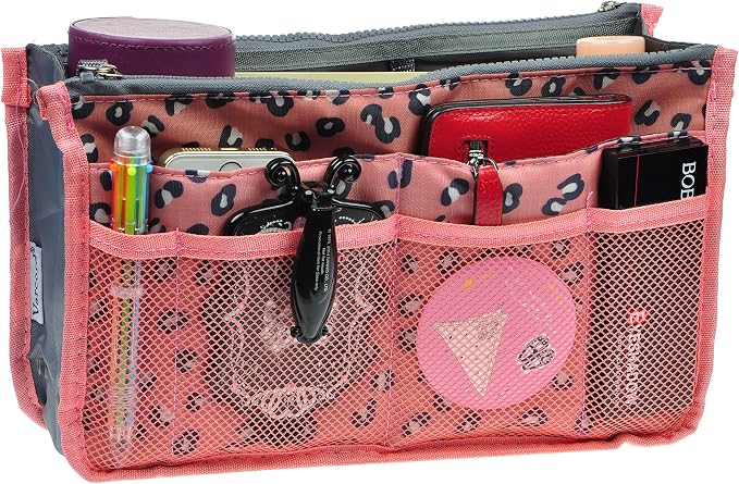 Vercord Purse Organizer Insert for Handbags Bag Organizers Inside Tote Pocketbook Women Nurse Nylon 13 Pockets Pink Leopard Small by Vercord