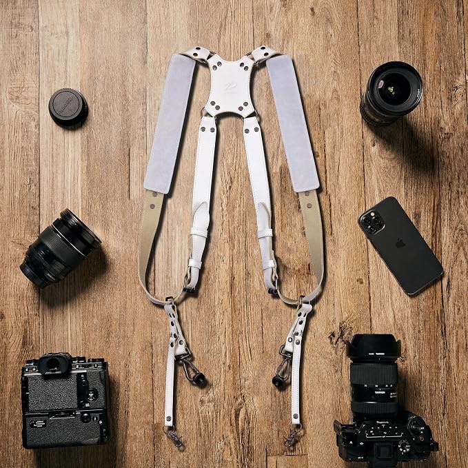 Padwa Lifestyle White Dual Camera Harness for Two Cameras - Wide Strap with Thick Shoulder Padded,Full Grain Leather Double Harness,Multi Camera Gear for DSLR Strap for Photographers - Image 7