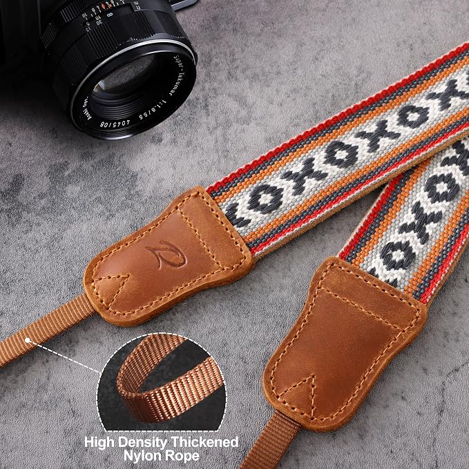 Padwa Lifestyle Camera Strap - 1.5" Crazy Horse Cowhide Ends Embroidered Camera Straps for Photographers, Cute Cotton Weave Soft Suede Fabric Padded Strap fits All Cameras for Adults & Kids - Image 5